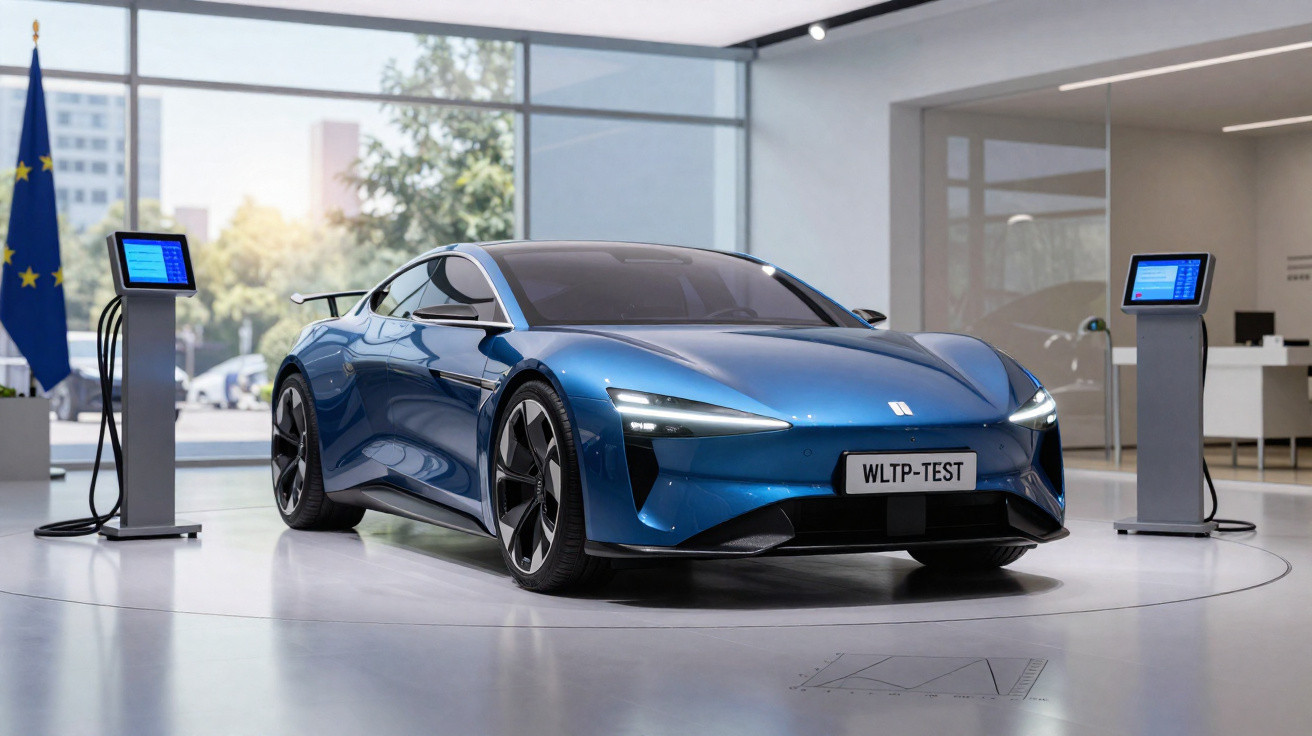 Carro elétrico desportivo azul num showroom moderno, com dois postos de carregamento e bandeira da UE ao fundo.