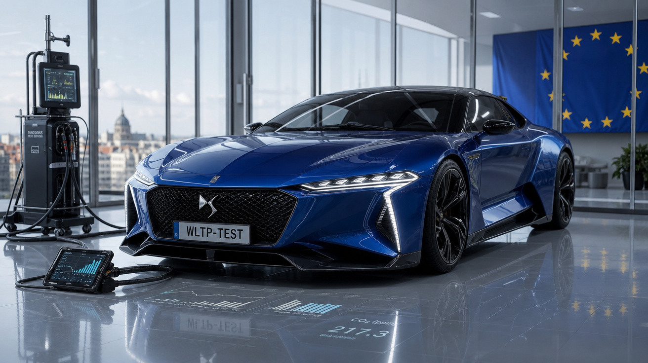 Carro desportivo azul elétrico em laboratório de testes com equipamentos e bandeira da União Europeia ao fundo.