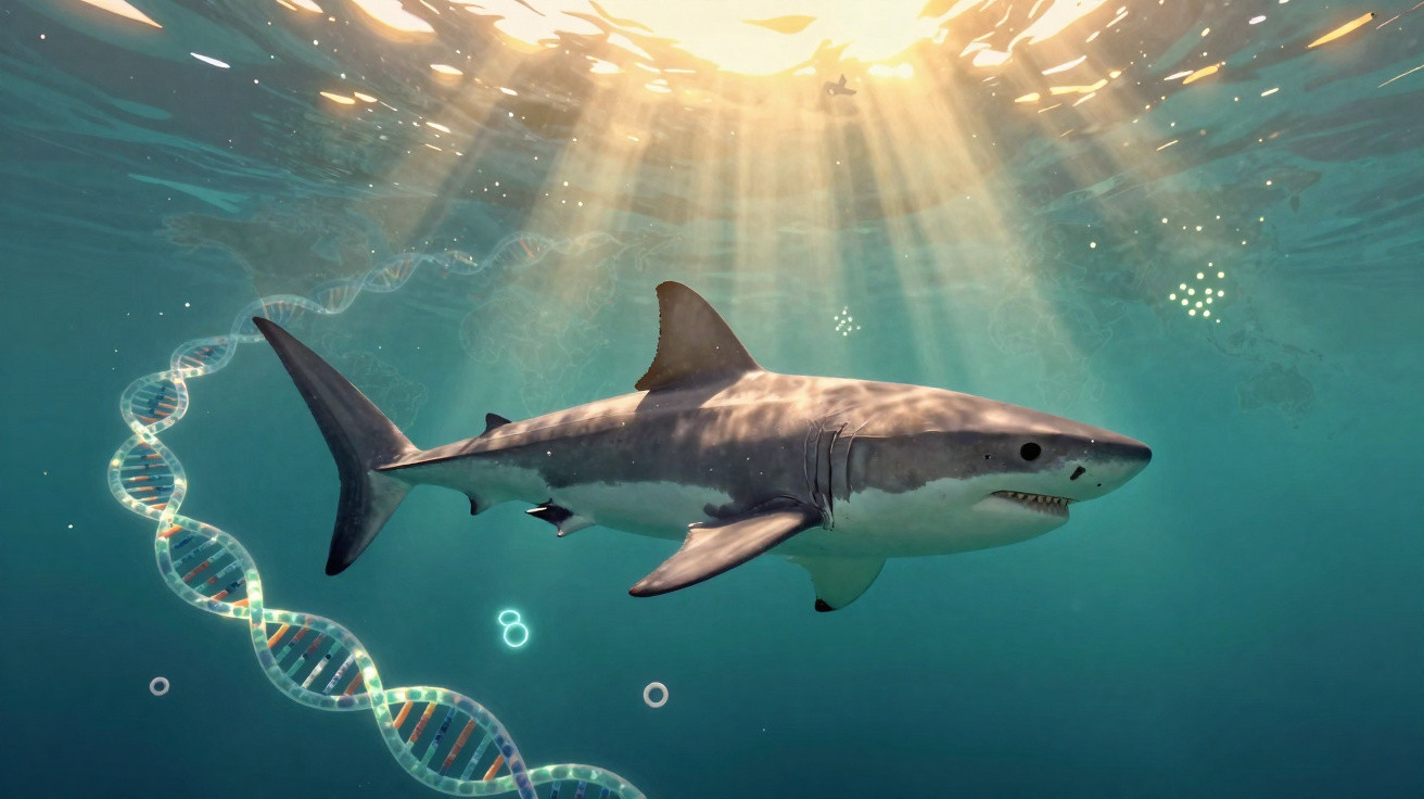 Tubarão a nadar no oceano com raios de sol a atravessar a água e uma hélice de DNA flutuante.