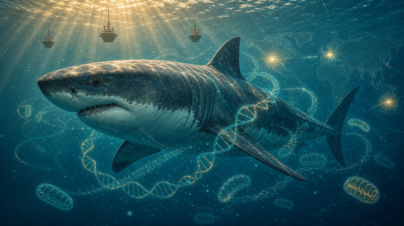 Tubarão rodeado por hélices de DNA e mitocôndrias nadando no oceano com barcos e mapa mundi ao fundo.