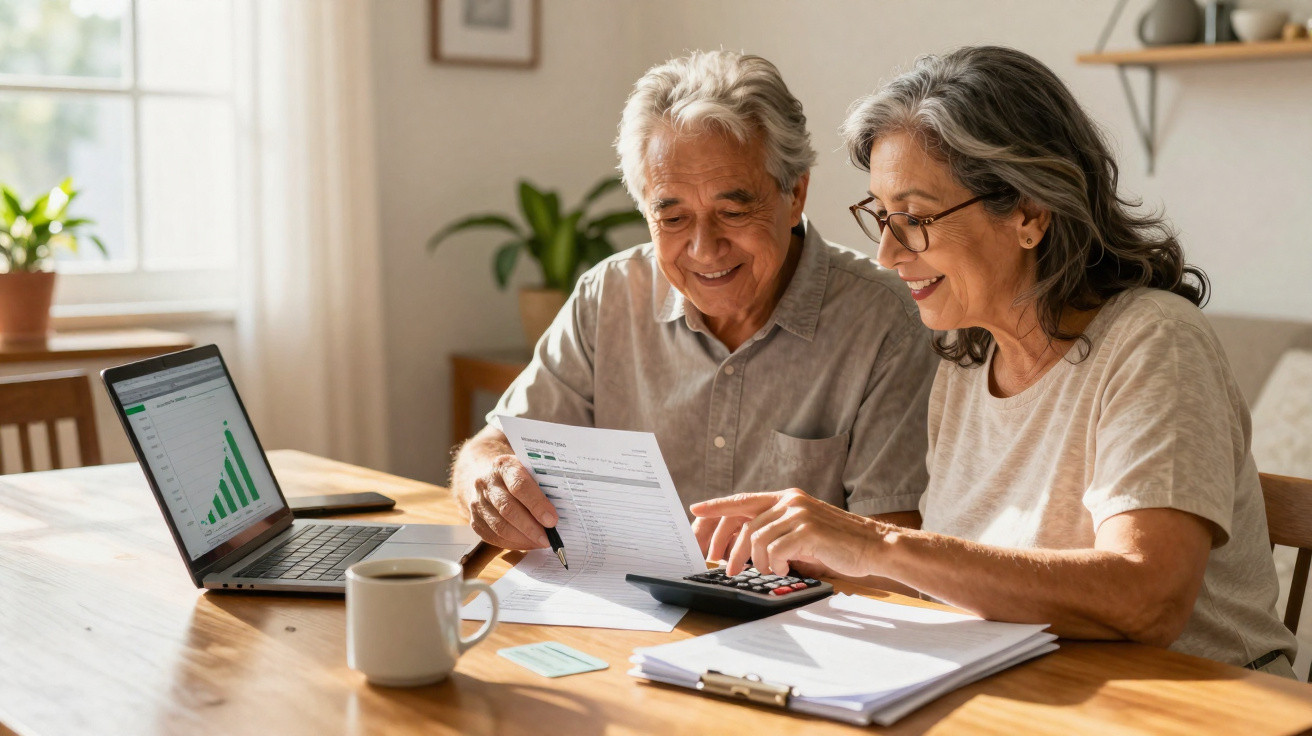 Casal sénior a analisar finanças em casa com laptop, calculadora e documentos na mesa.
