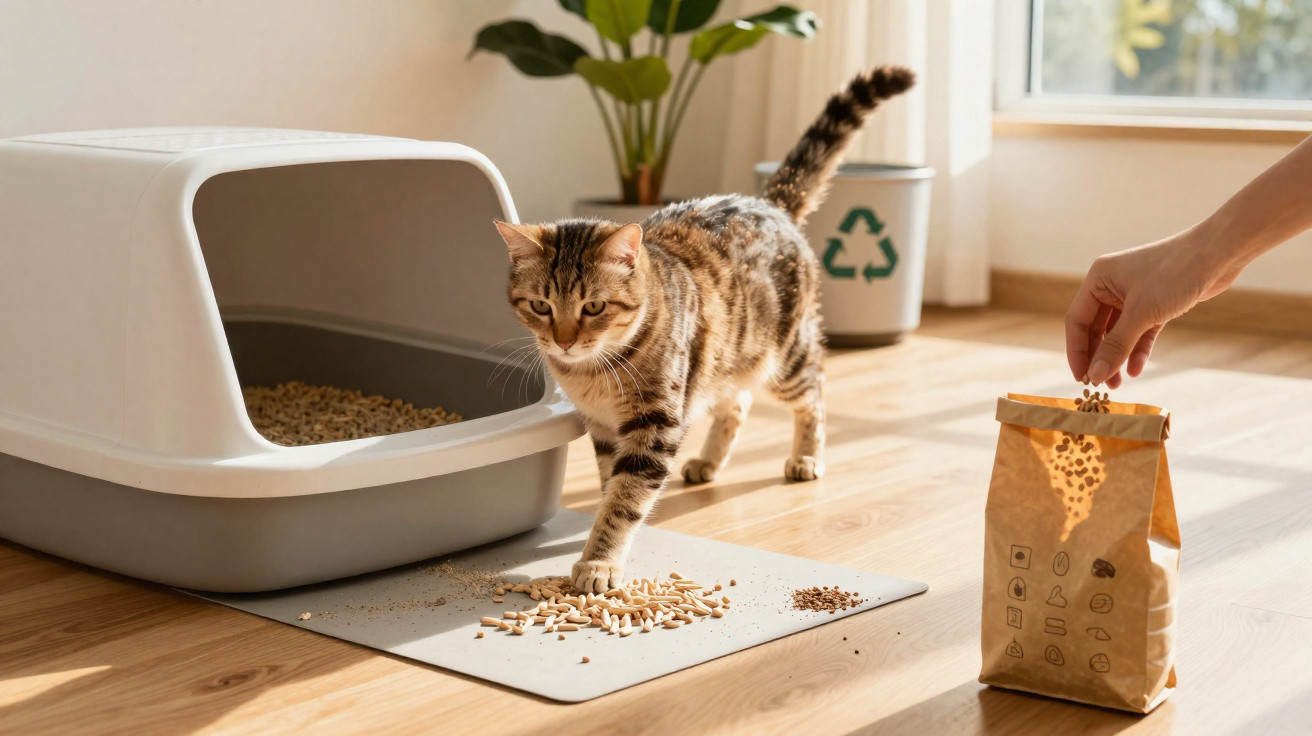 Gato aproximando-se de tapete com pellets perto de caixa de areia fechada e mão a pegar comida para gatos.