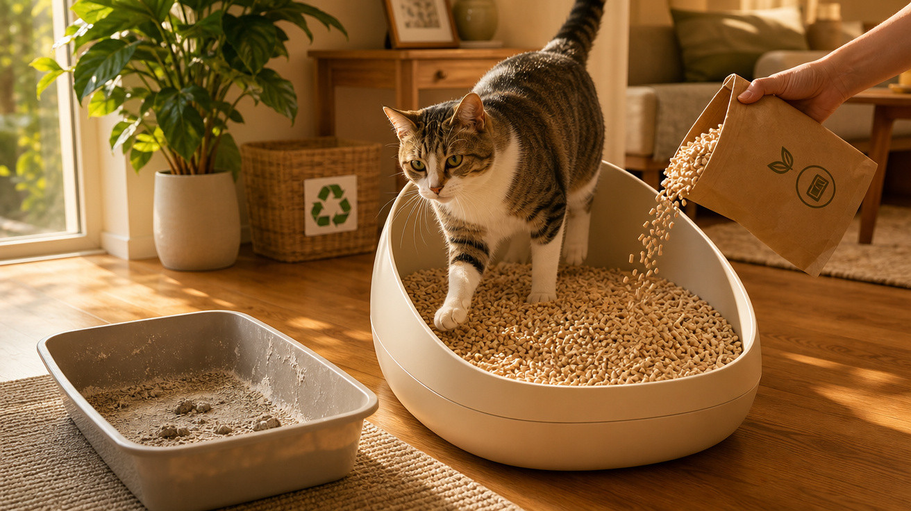 Gato cinzento e branco a entrar numa caixa de areia com pellets de madeira, enquanto alguém despeja mais pellets.