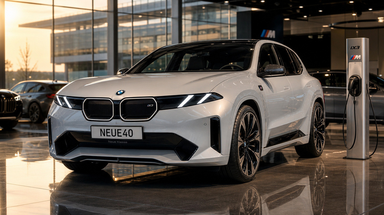 Carro elétrico BMW iX3 branco estacionado em interior de concessionária junto a posto de carregamento.