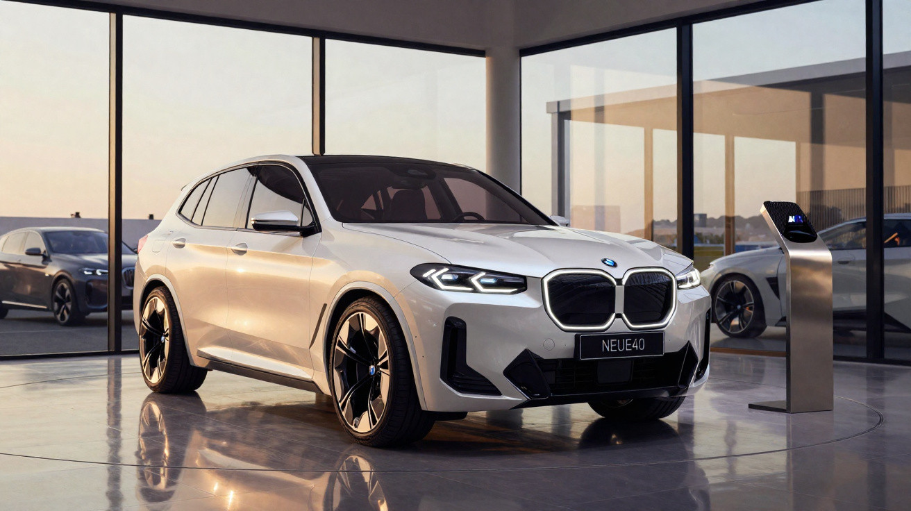 Carro elétrico BMW branco modelo NEUE40 exibido em showroom moderno com grandes janelas e outro carro ao fundo.