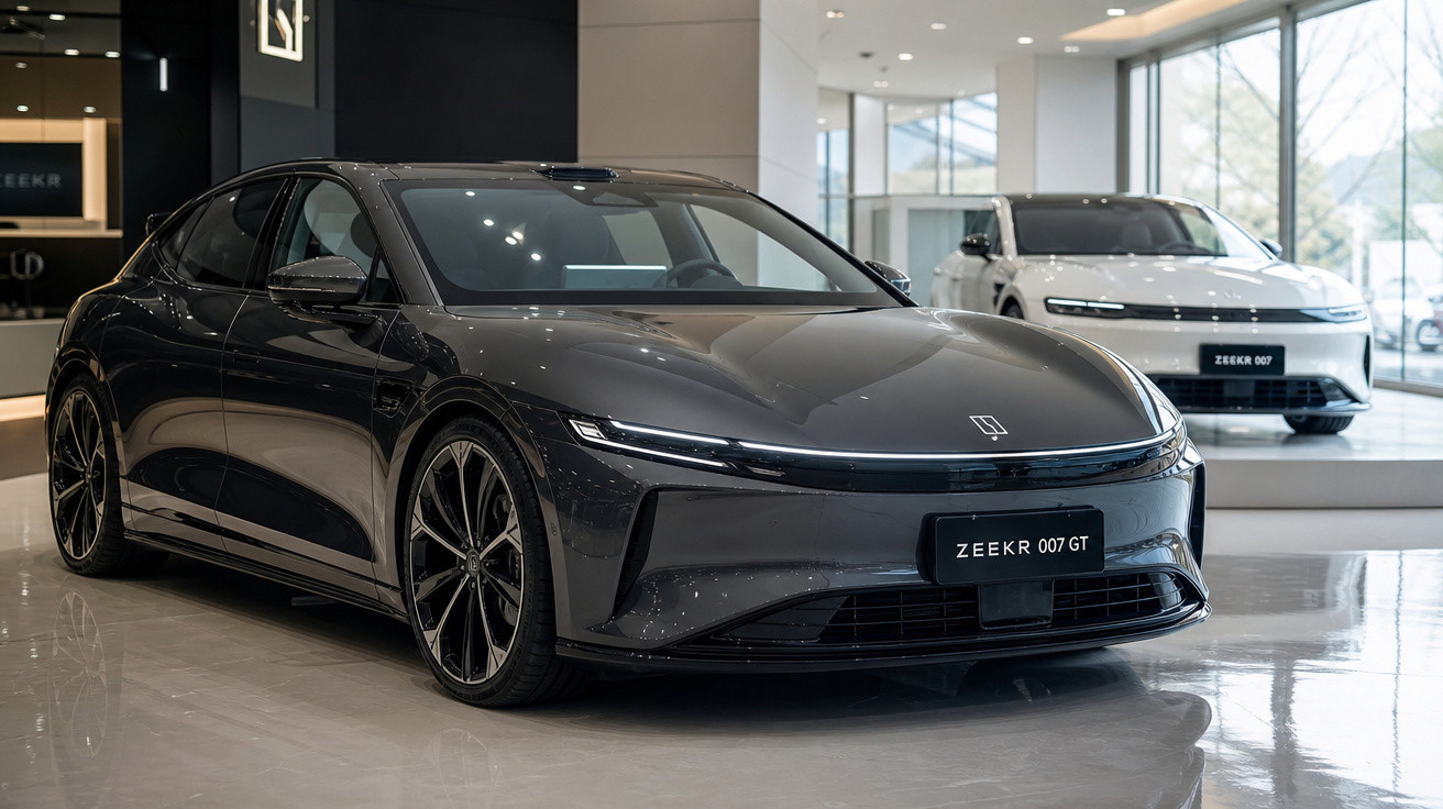 Dois carros elétricos Zeekr 007 GT exibidos em showroom moderno, com destaque para o modelo preto em primeiro plano.