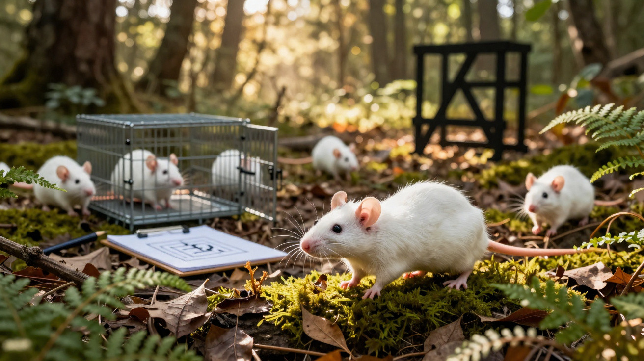 Ratos brancos em ambiente florestal com gaiolas e folhas secas ao redor.
