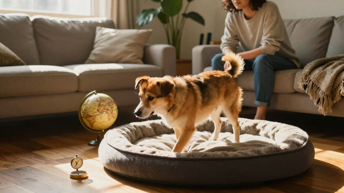 Cão castanho e branco numa cama redonda para cães, com mulher sentada num sofá ao fundo numa sala iluminada.