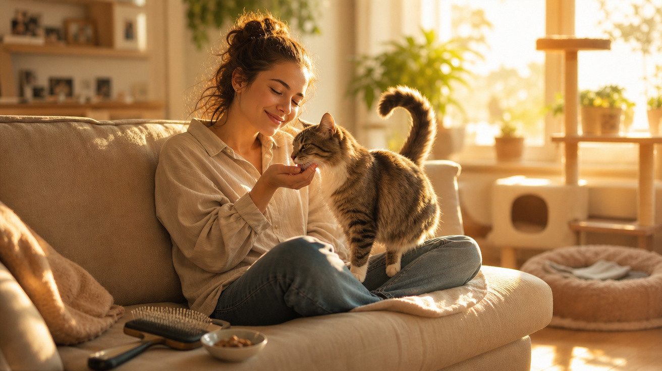 Mulher sentada no sofá a dar comida a um gato num ambiente acolhedor e iluminado pelo sol.