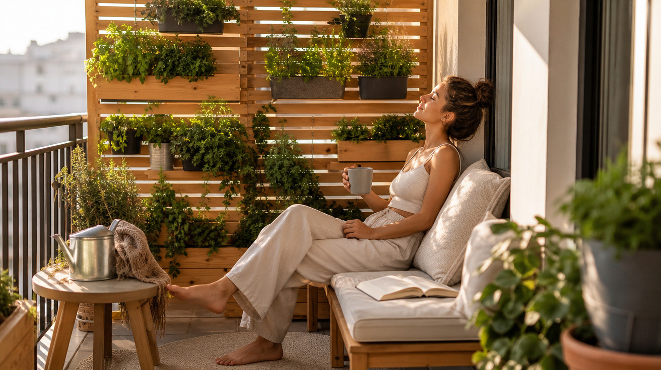 Mulher sentada numa varanda com plants, a relaxar e beber uma chávena, luz natural suave.