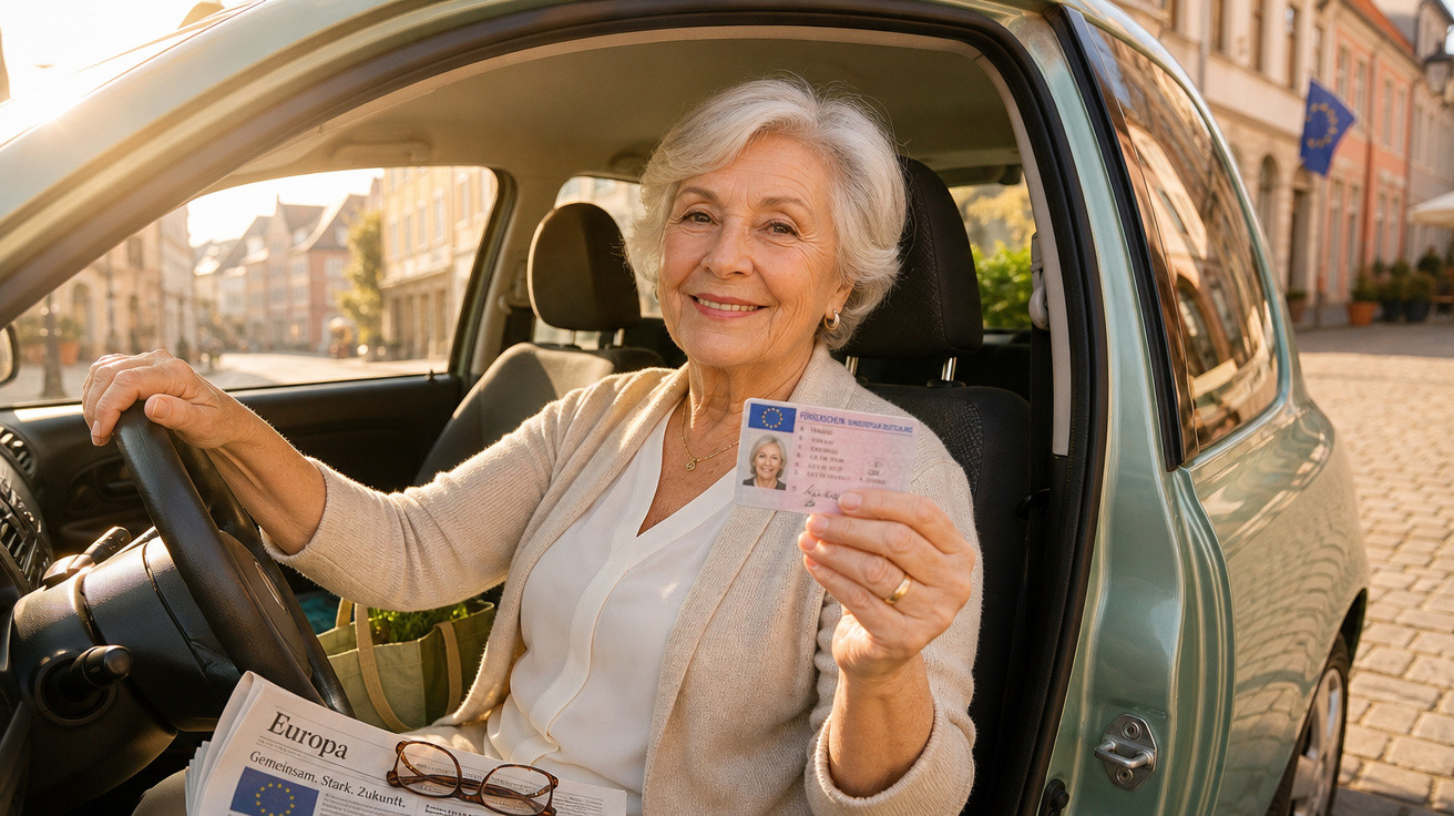 Idosa sorridente sentada no carro, mostrando a carta de condução com uma mão no volante.