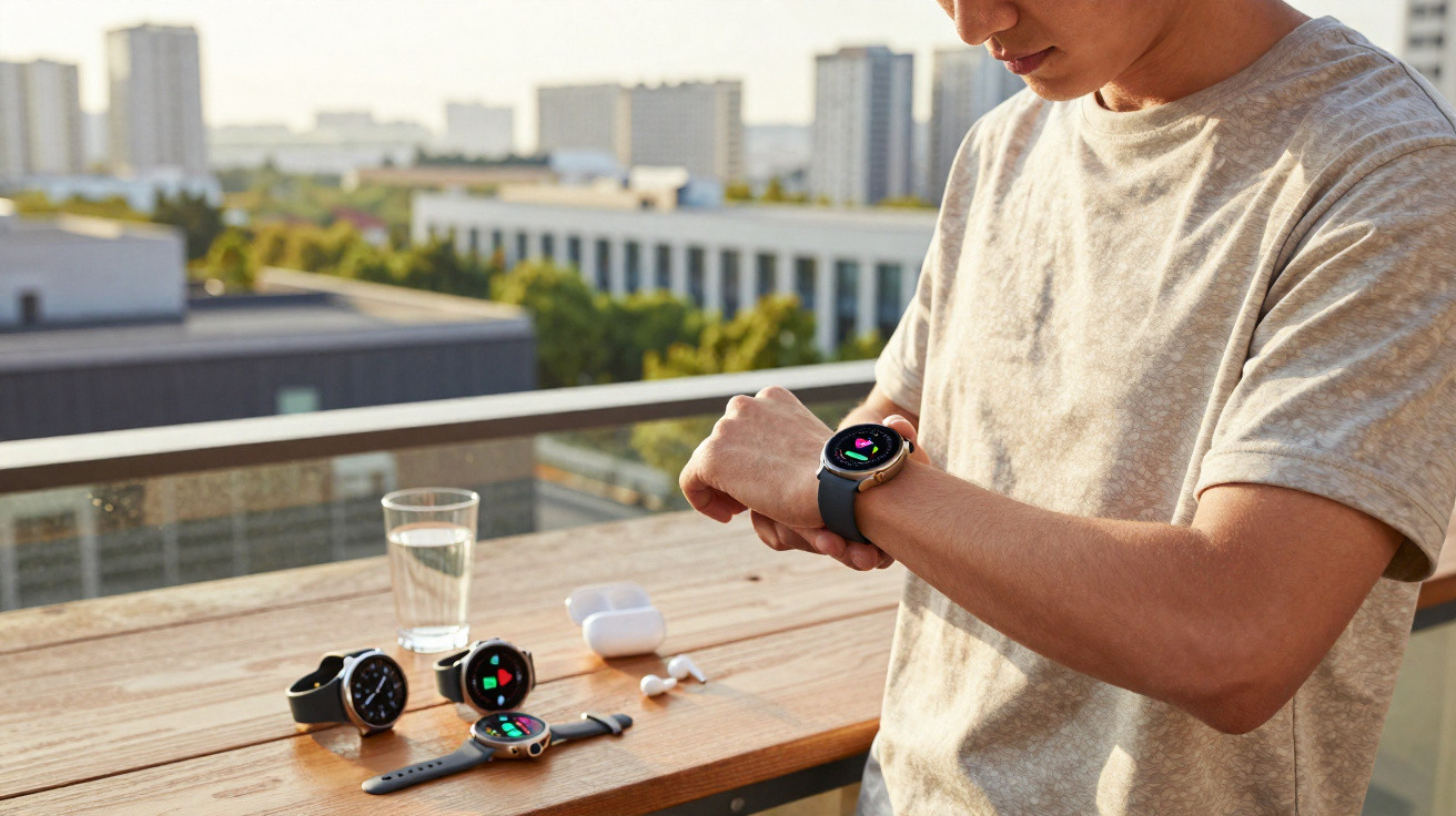 Pessoa a usar smartwatch com vários smartwatches e auscultadores sobre mesa de madeira numa varanda urbana.