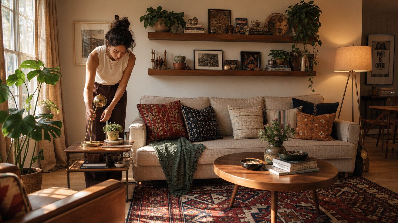 Mulher a arrumar plantas numa sala acolhedora com sofá, almofadas e decoração vintage.