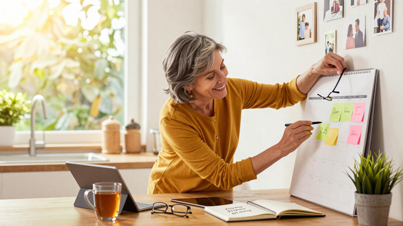 Mulher sorridente a escrever notas num calendário de parede numa cozinha iluminada e moderna.