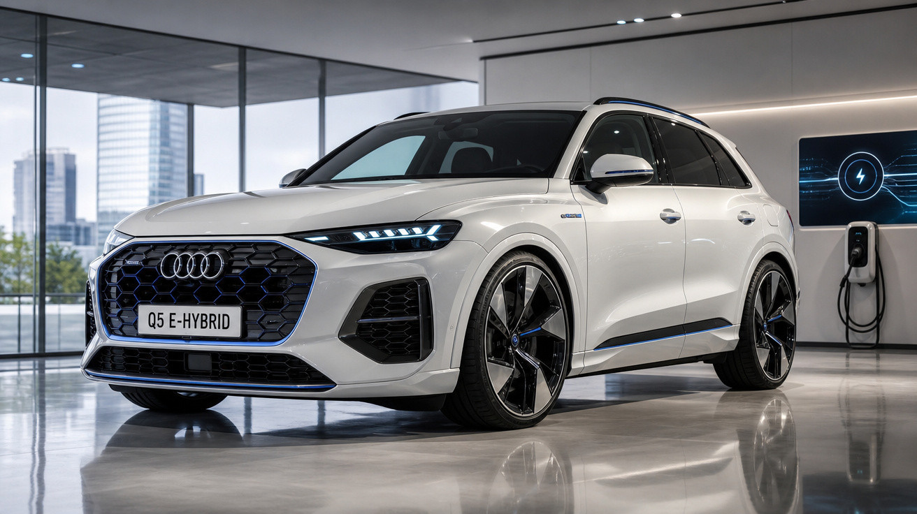 Audi Q5 E-Hybrid branco estacionado em showroom moderno com parede branca e janela grande.