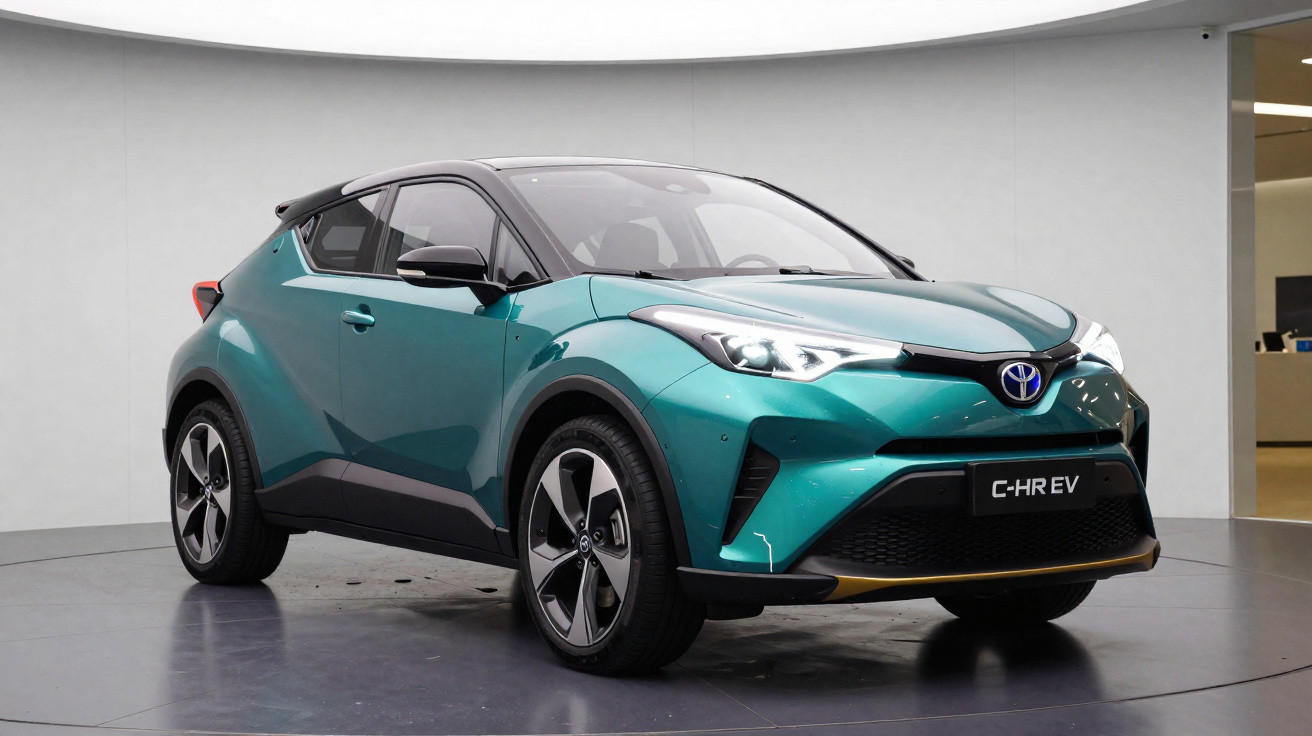 Carro elétrico Toyota C-HR EV verde com detalhes pretos, apresentado em ambiente interior moderno.