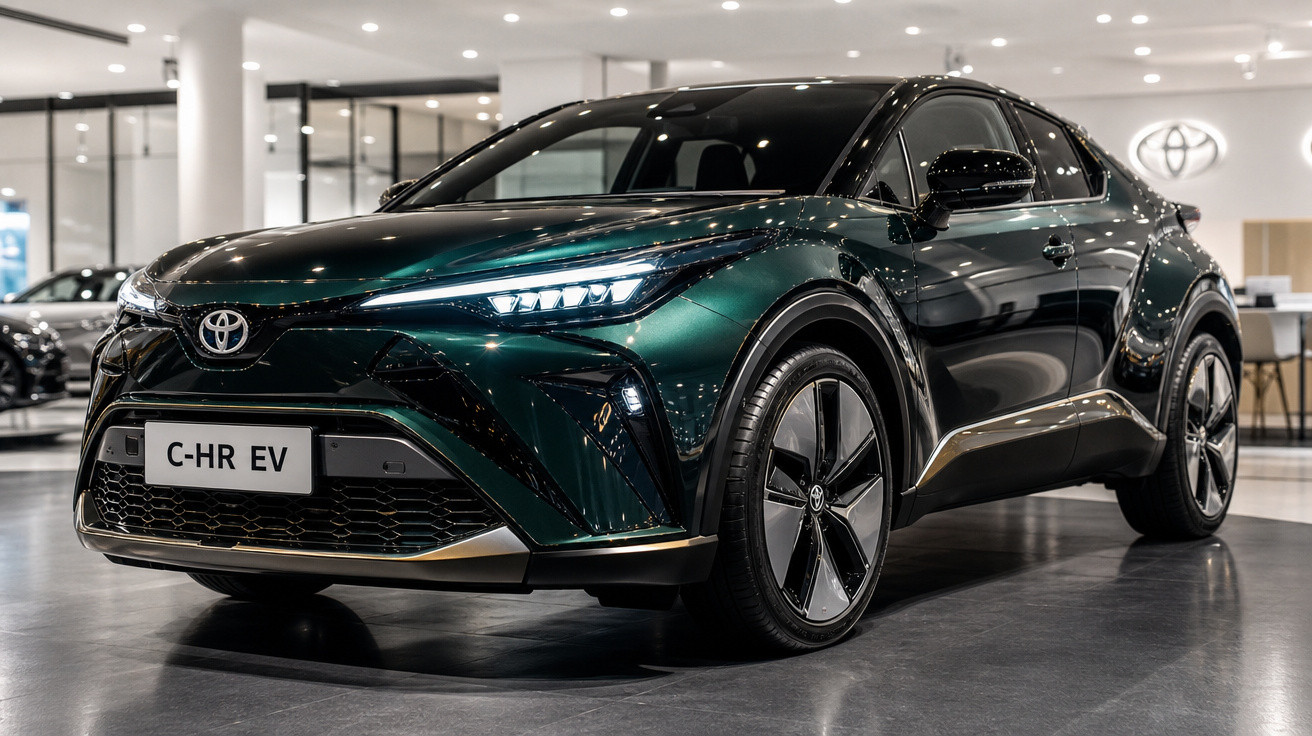 Automóvel elétrico Toyota C-HR EV verde escuro estacionado em sala de exposição moderna e iluminada.
