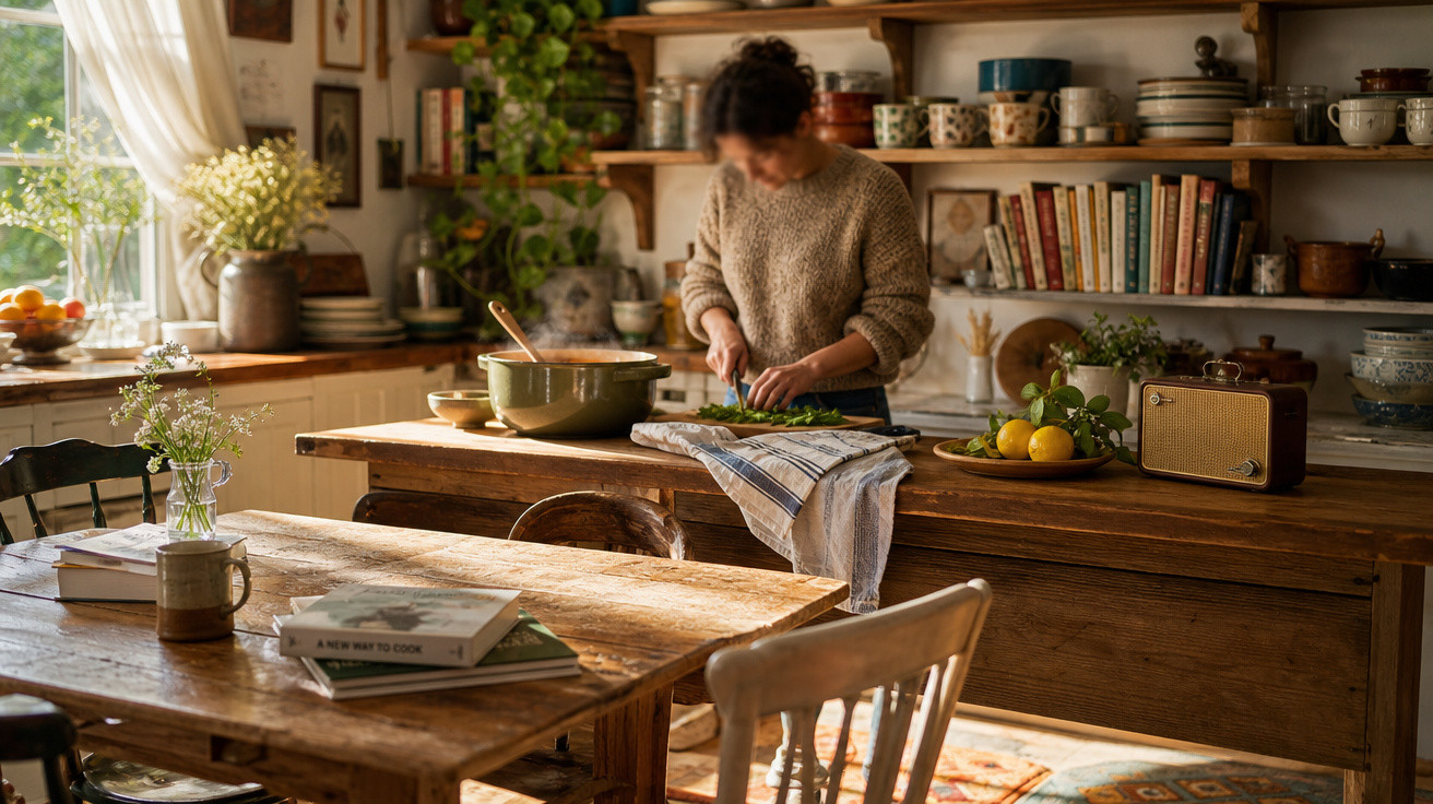 Pessoa a cortar legumes numa cozinha rústica com prateleiras, livros e plantas decorativas.