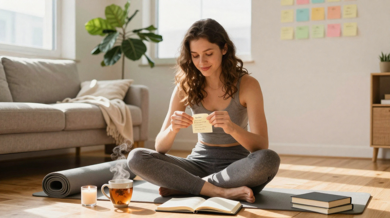 Mulher sentada no chão de casa, lendo nota, com chá, velas e livros num tapete de yoga.