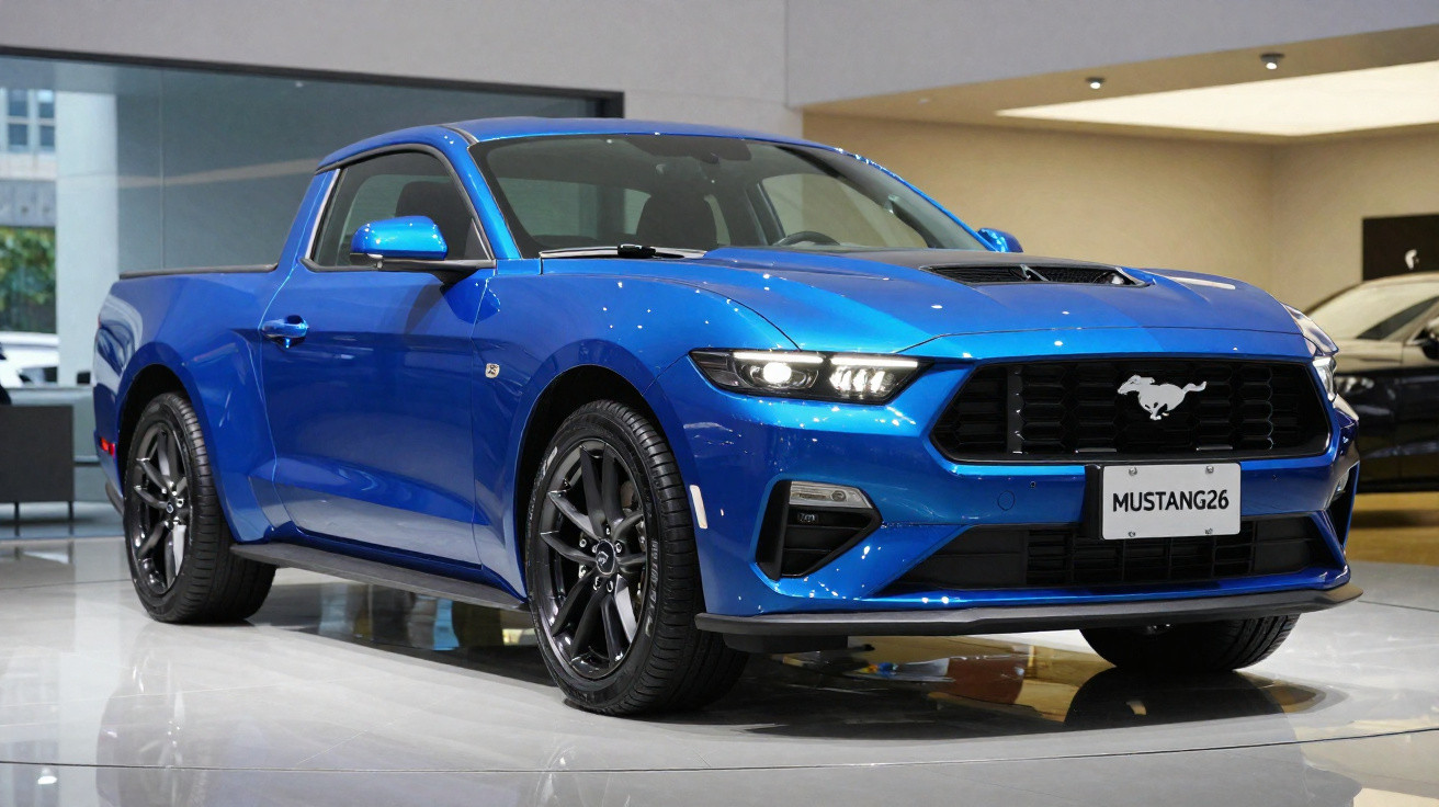 Carrinha desportiva Ford Mustang azul brilhante exposta em salão moderno.