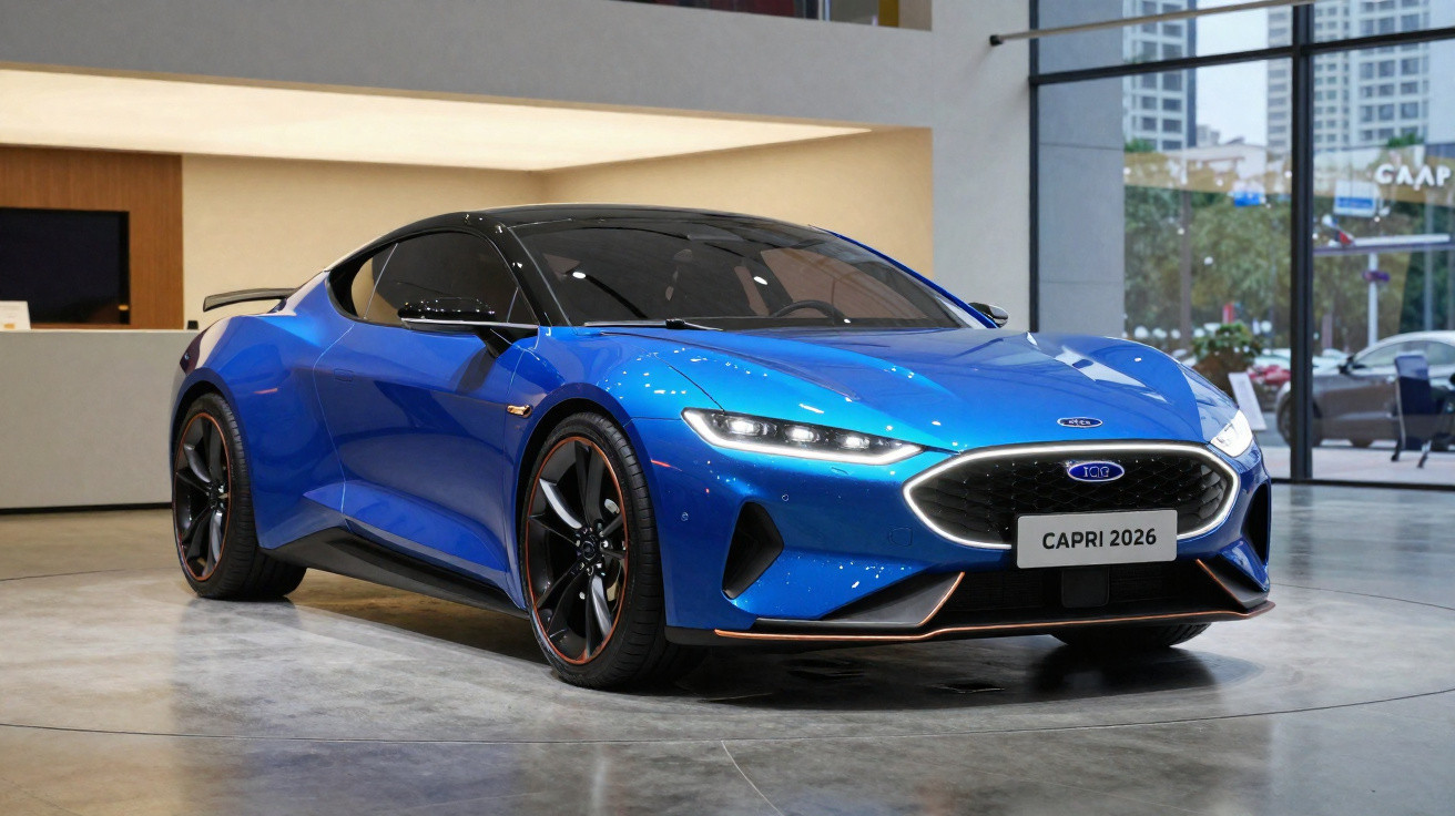 Carro desportivo azul elétrico modelo Capri 2026 em exposição numa sala moderna com janelas amplas.