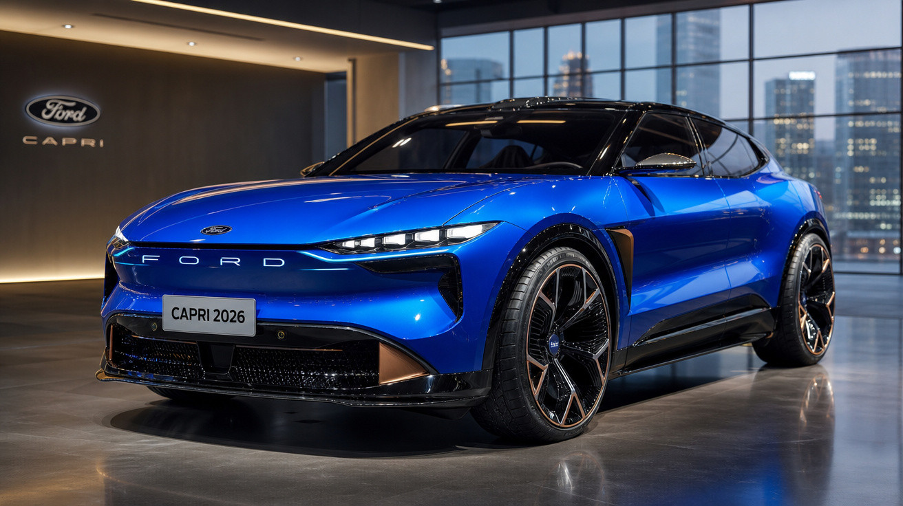 Carro elétrico Ford Capri 2026 azul, design moderno, em showroom com cityscape ao fundo.