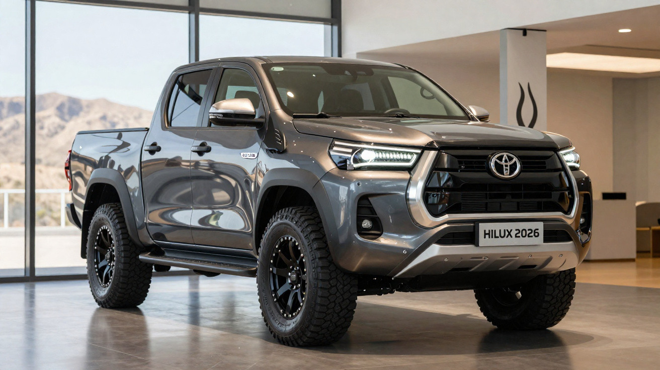 Toyota Hilux 2026 cinzenta exibida em salão moderno com detalhes robustos e pneus todo-o-terreno.