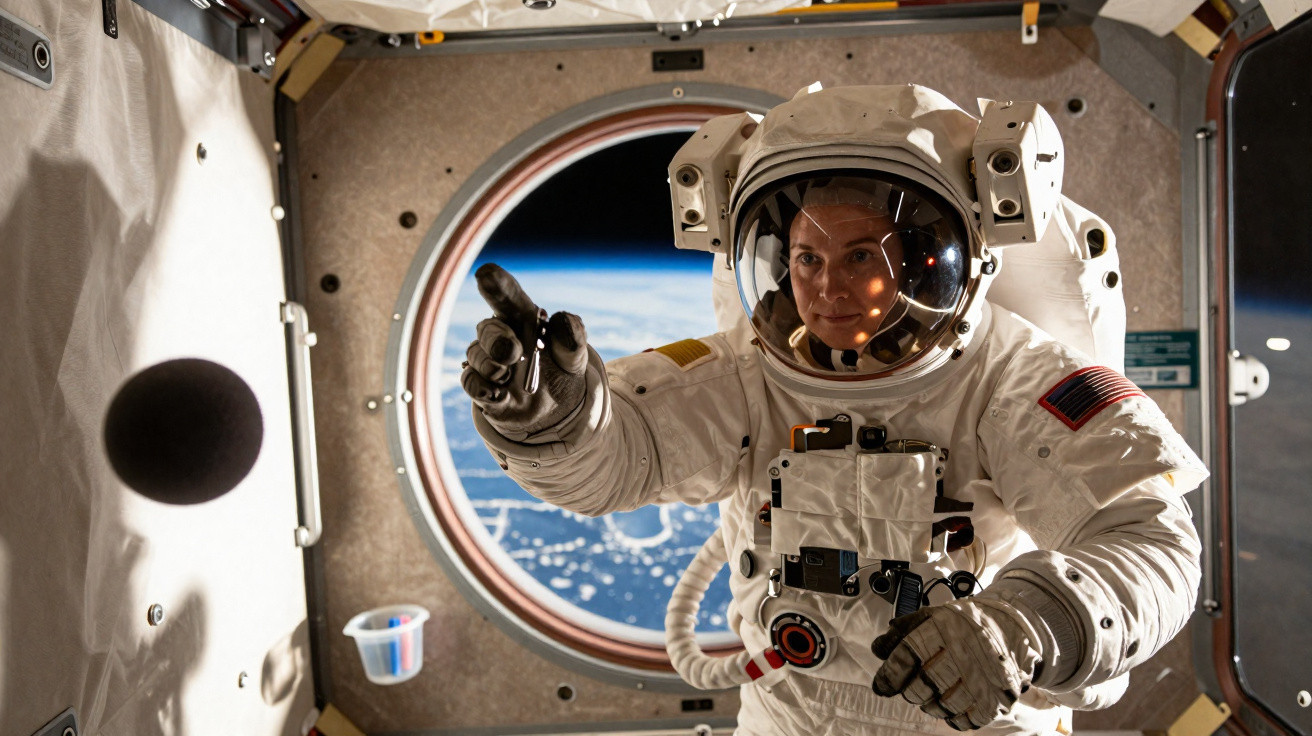 Astronauta em fato espacial aponta para o lado dentro de módulo da estação espacial com Terra ao fundo pela janela.