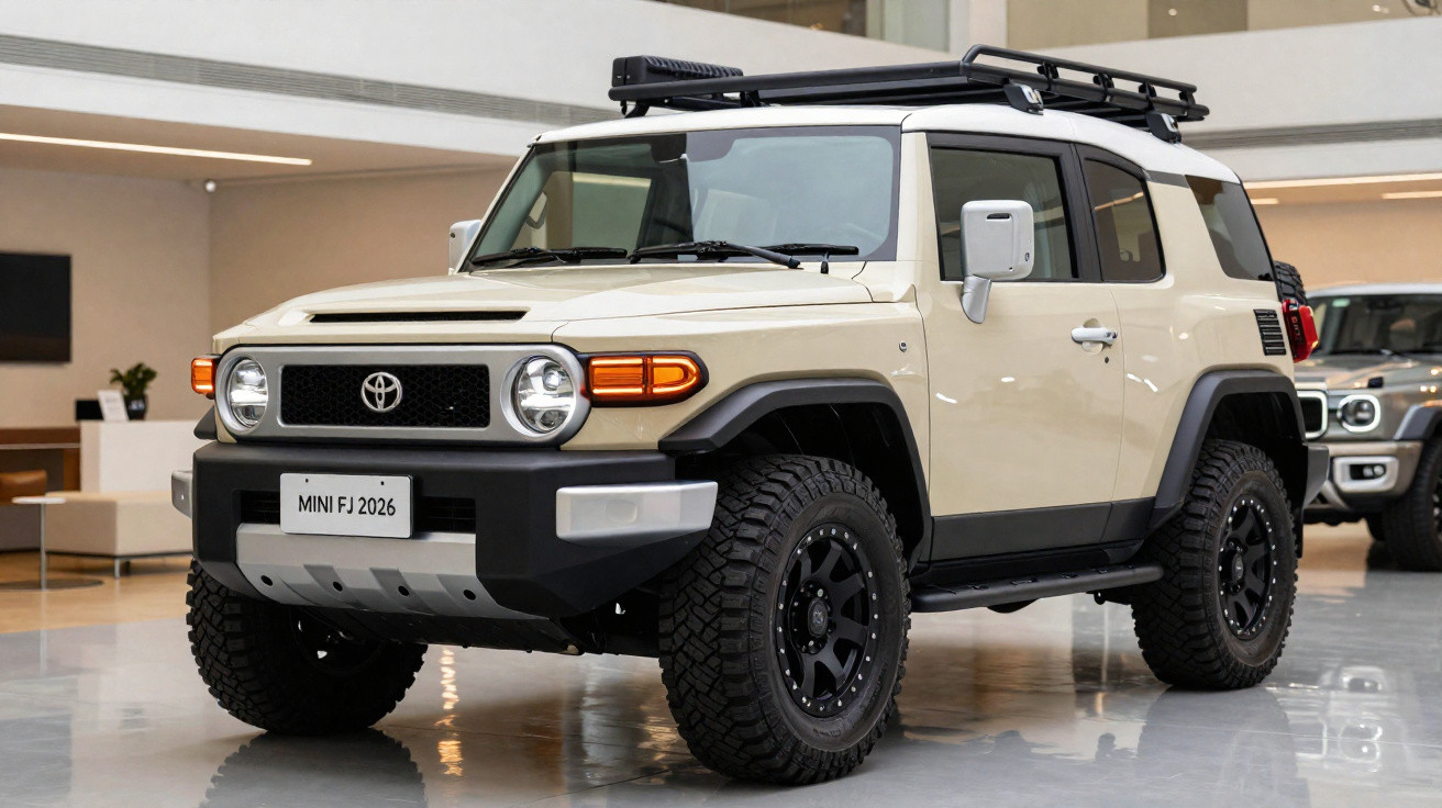 Veículo todo-o-terreno Toyota Mini FJ 2026 de cor bege com capota branca estacionado em showroom moderno.