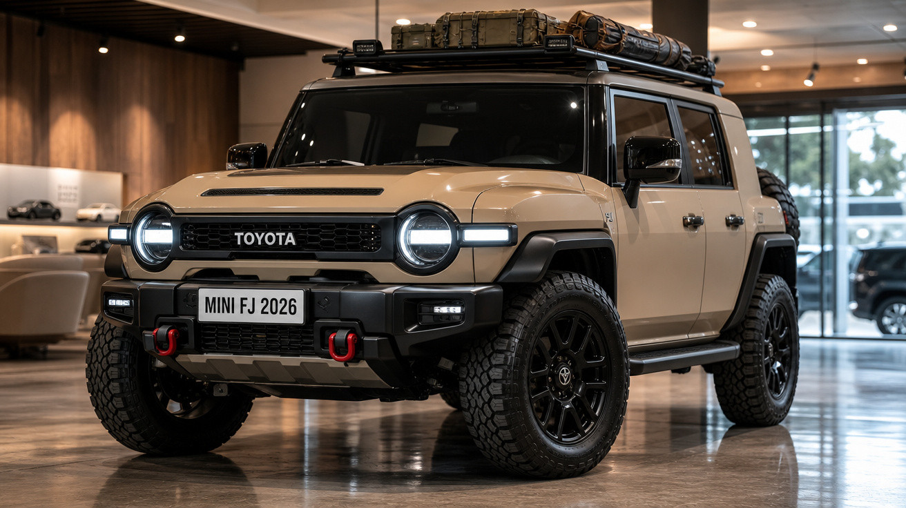 SUV Toyota FJ 2026 beige todo-o-terreno com bagagem no tejadilho, em showroom moderno.