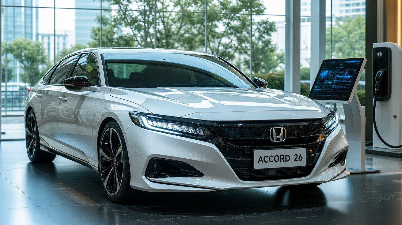 Carro branco Honda Accord 26 elétrico em exposição dentro de concessionária moderna com carregador.