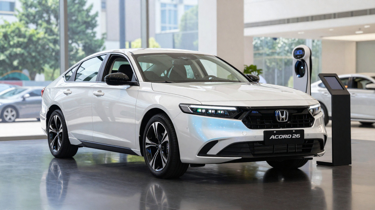 Carro Honda Accord 26 branco estacionado numa sala de exposição moderna com iluminação natural.