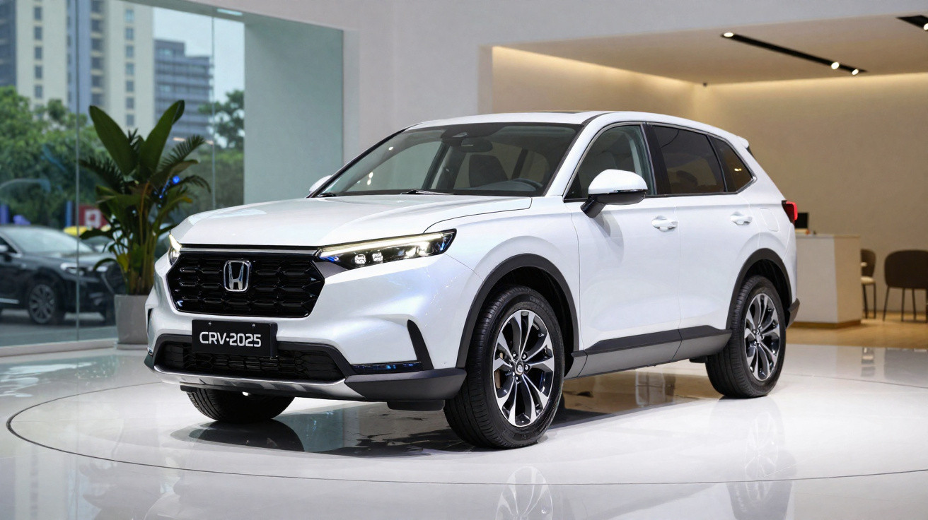 SUV Honda CR-V branco modelo 2025 exibido numa sala de exposição moderna.