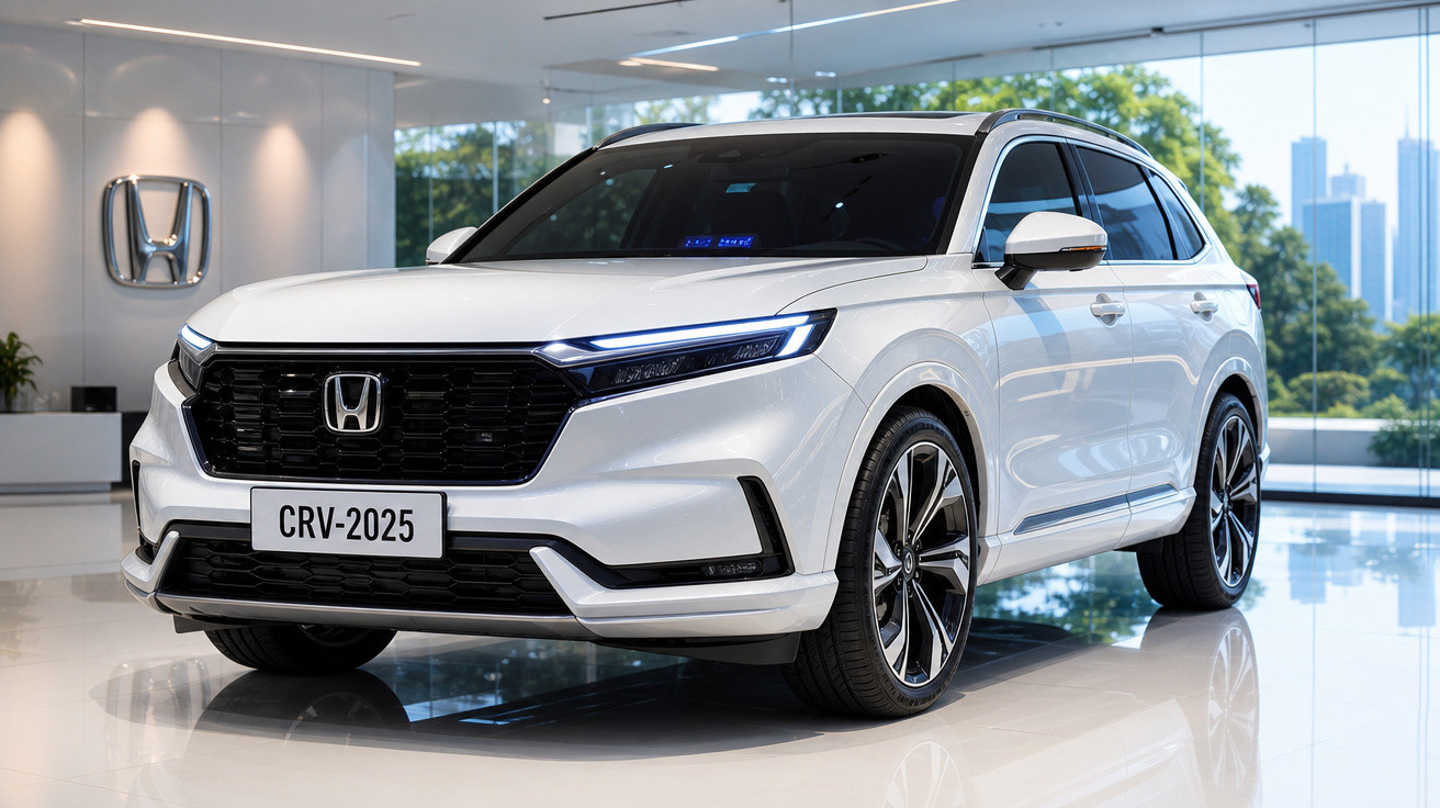 Automóvel Honda CRV 2025 branco exposto em showroom moderno com janelas amplas e luz natural.