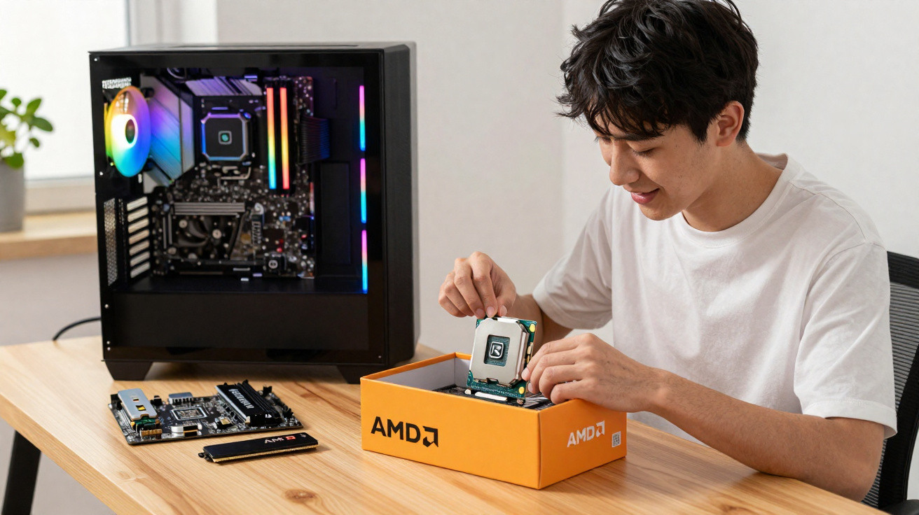 Jovem a montar um computador com processador AMD numa mesa com componentes eletrónicos.