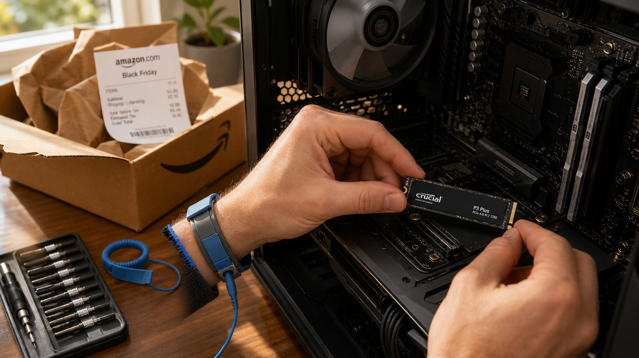 Mãos a instalar um SSD Crucial P3 Plus num computador com caixa aberta e ferramentas ao lado.