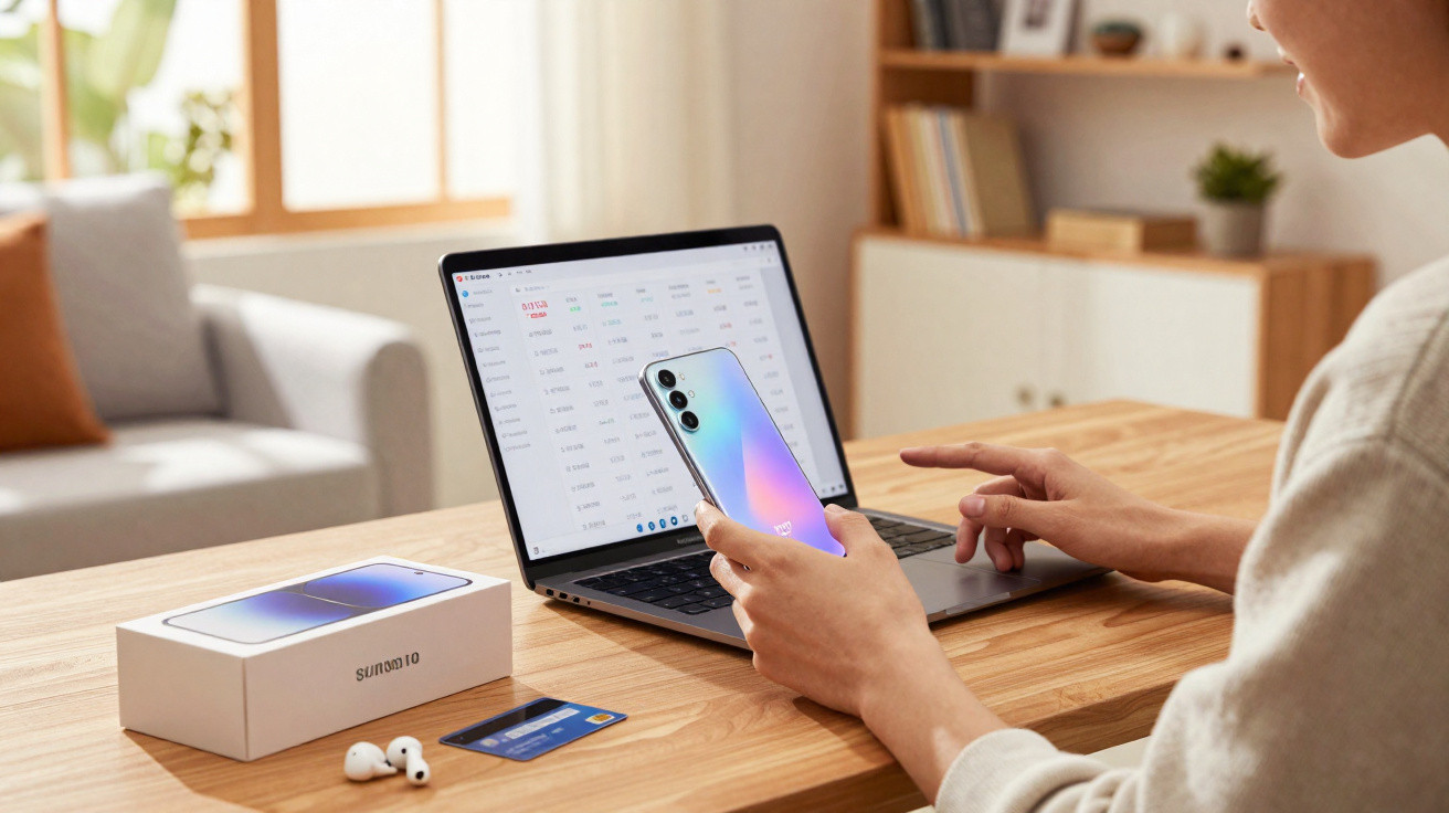 Pessoa a usar telemóvel perto de portátil aberto com gráficos na tela, ao lado de auriculares, cartão e caixa de smartphone.