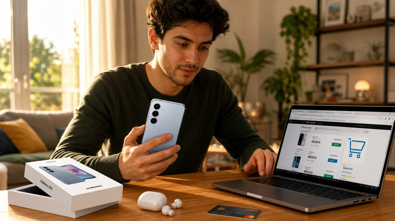 Homem com camisola verde a comprar smartphone online, com telemóvel, computador e auriculares numa mesa.