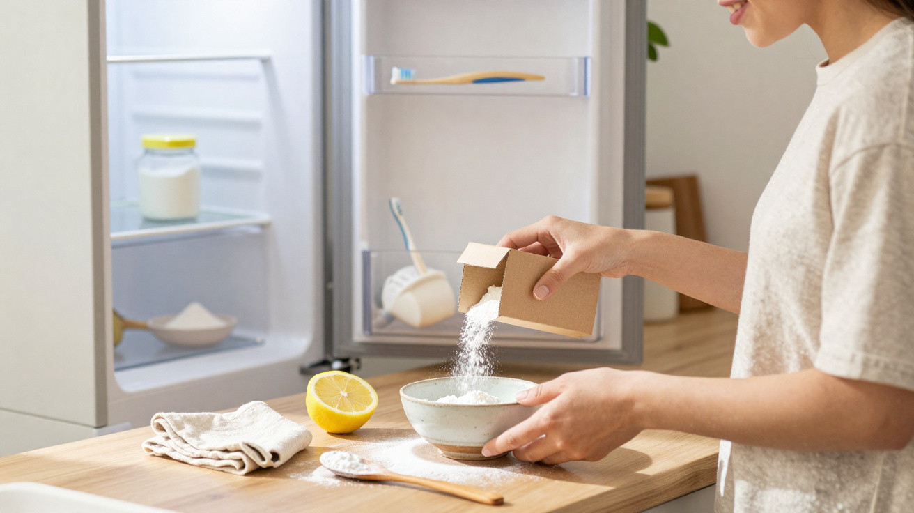 Pessoa a despejar pó branco numa tigela numa cozinha com frigorífico aberto ao fundo.