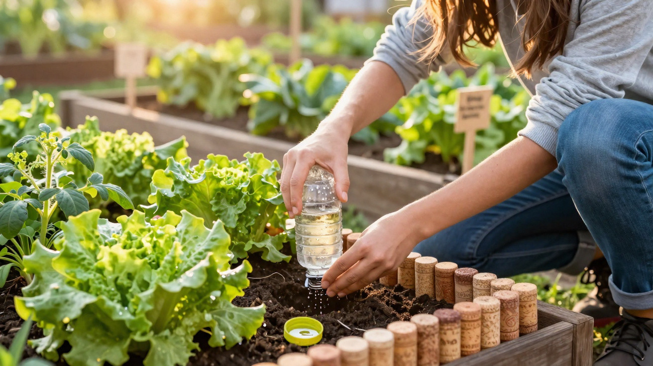 Pessoa a regar plantas numa horta urbana com garrafa de plástico reutilizada.