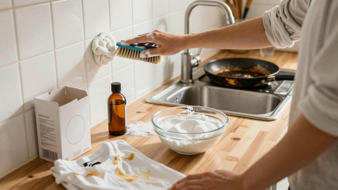 Pessoa a limpar manchas numa parede de azulejos com escova e espuma, camisa suja numa bancada de madeira.
