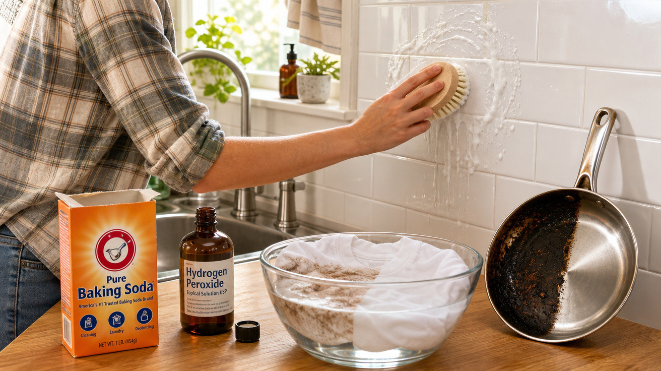 Pessoa a limpar azulejos da cozinha com escova, bicarbonato de sódio e peróxido de hidrogénio ao lado.