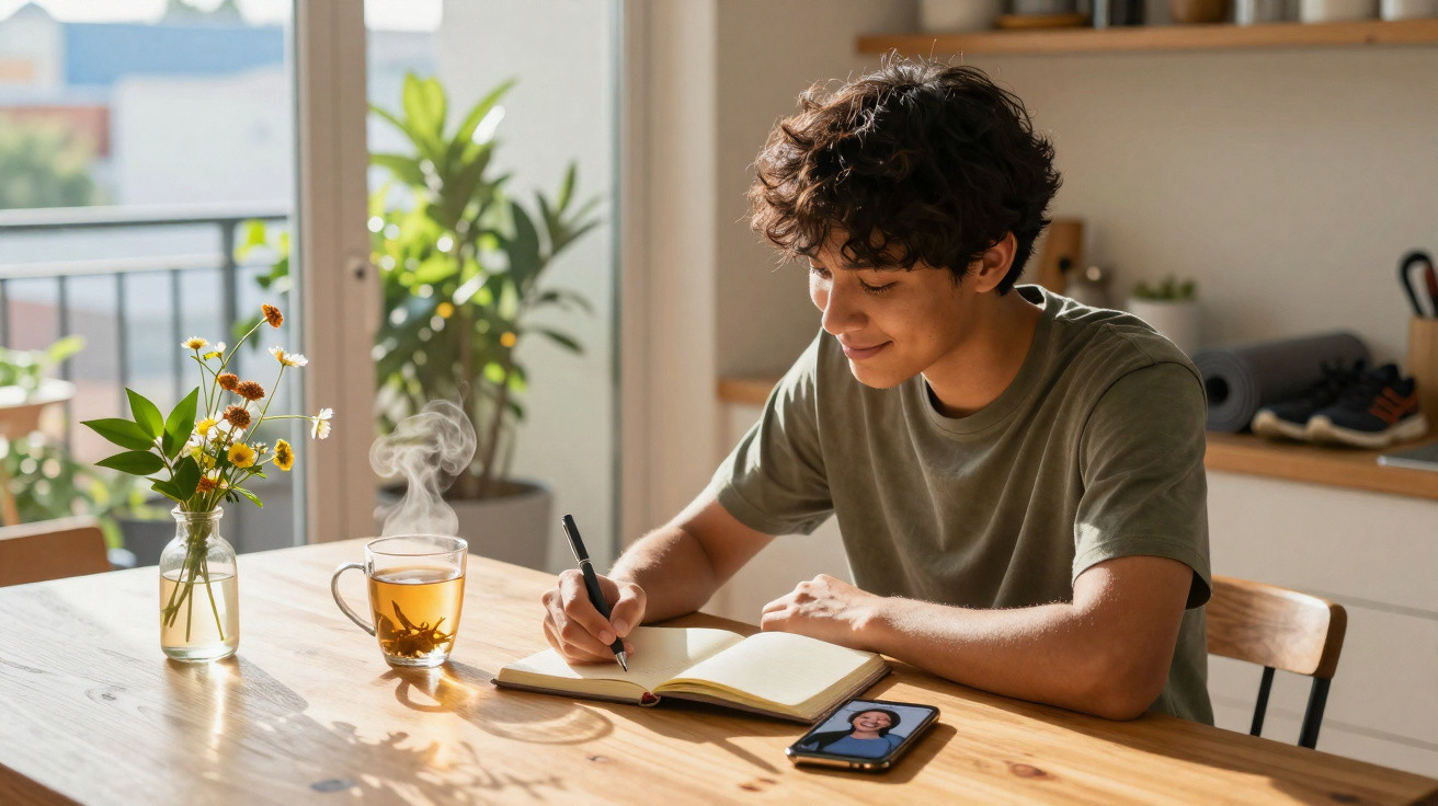 Jovem sentado à mesa, escrevendo num caderno com chá quente e telemóvel com videochamada na cozinha iluminada.