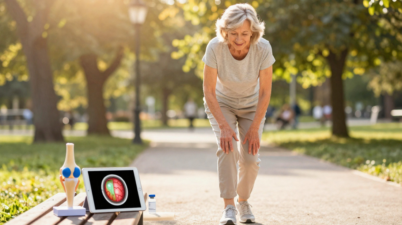 Mulher idosa com dor no joelho num parque, com modelo anatómico e tablet ao lado.