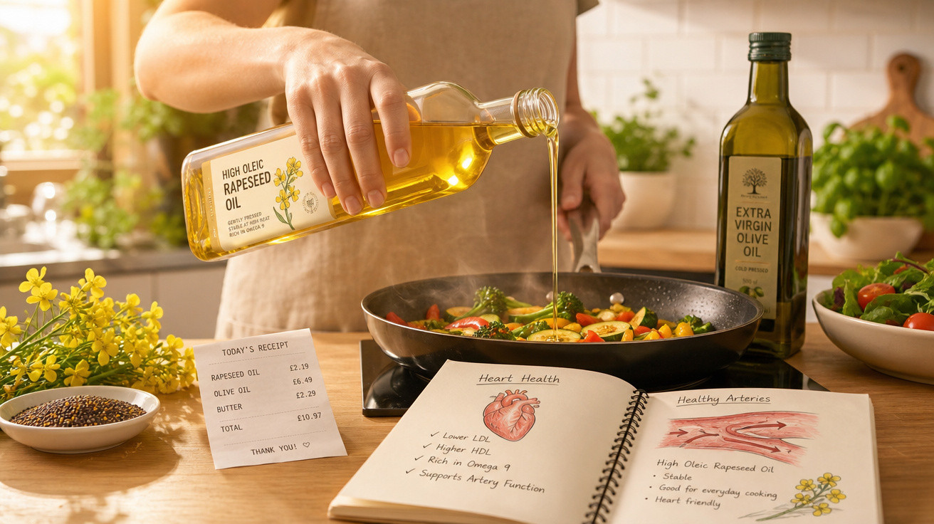 Pessoa a deitar óleo de colza numa frigideira com legumes, receita e notas sobre saúde do coração na mesa.