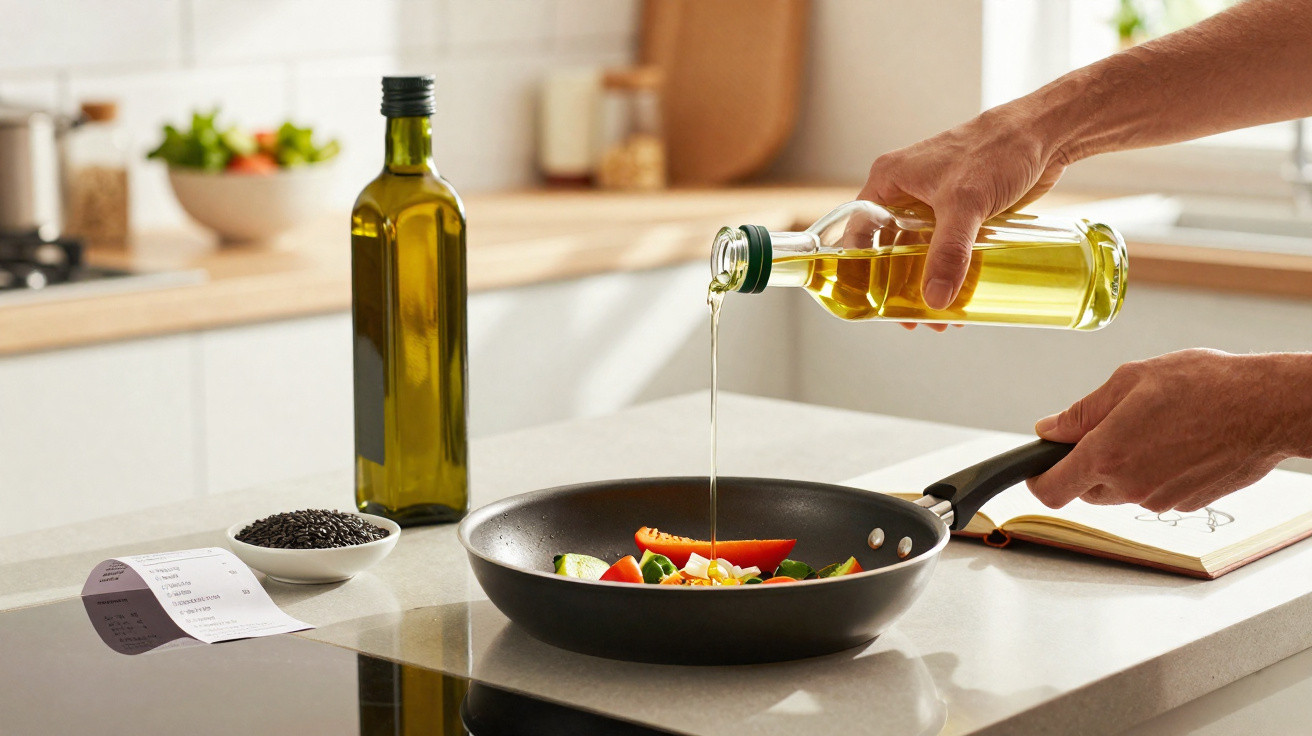 Mãos a deitar azeite numa frigideira com legumes coloridos numa cozinha moderna e luminosa.