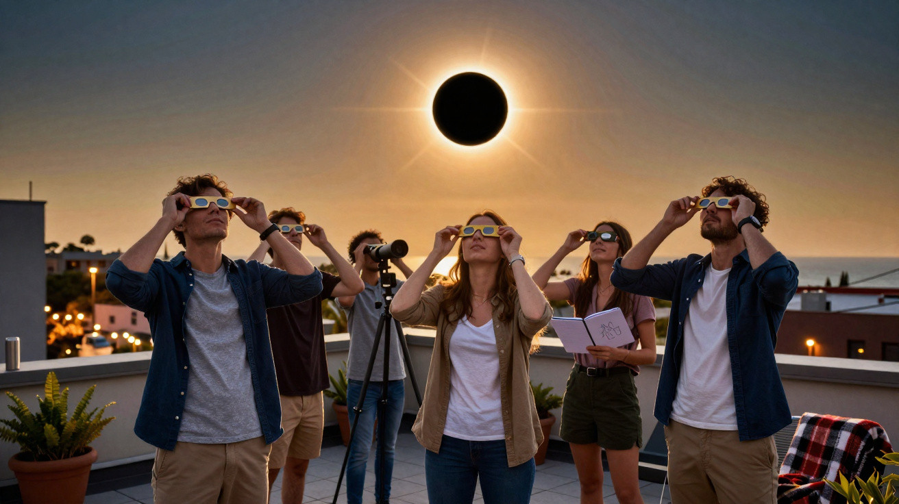 Grupo de pessoas em varanda a observar eclipse solar com óculos especiais ao pôr do sol.