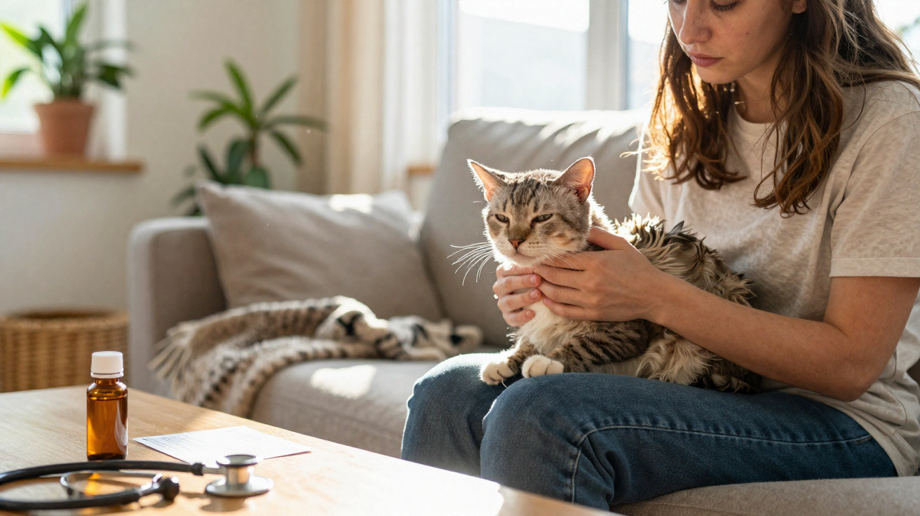 Pessoa a examinar um gato no consultório veterinário, com estetoscópio e medicamento visíveis na mesa em primeiro plano.