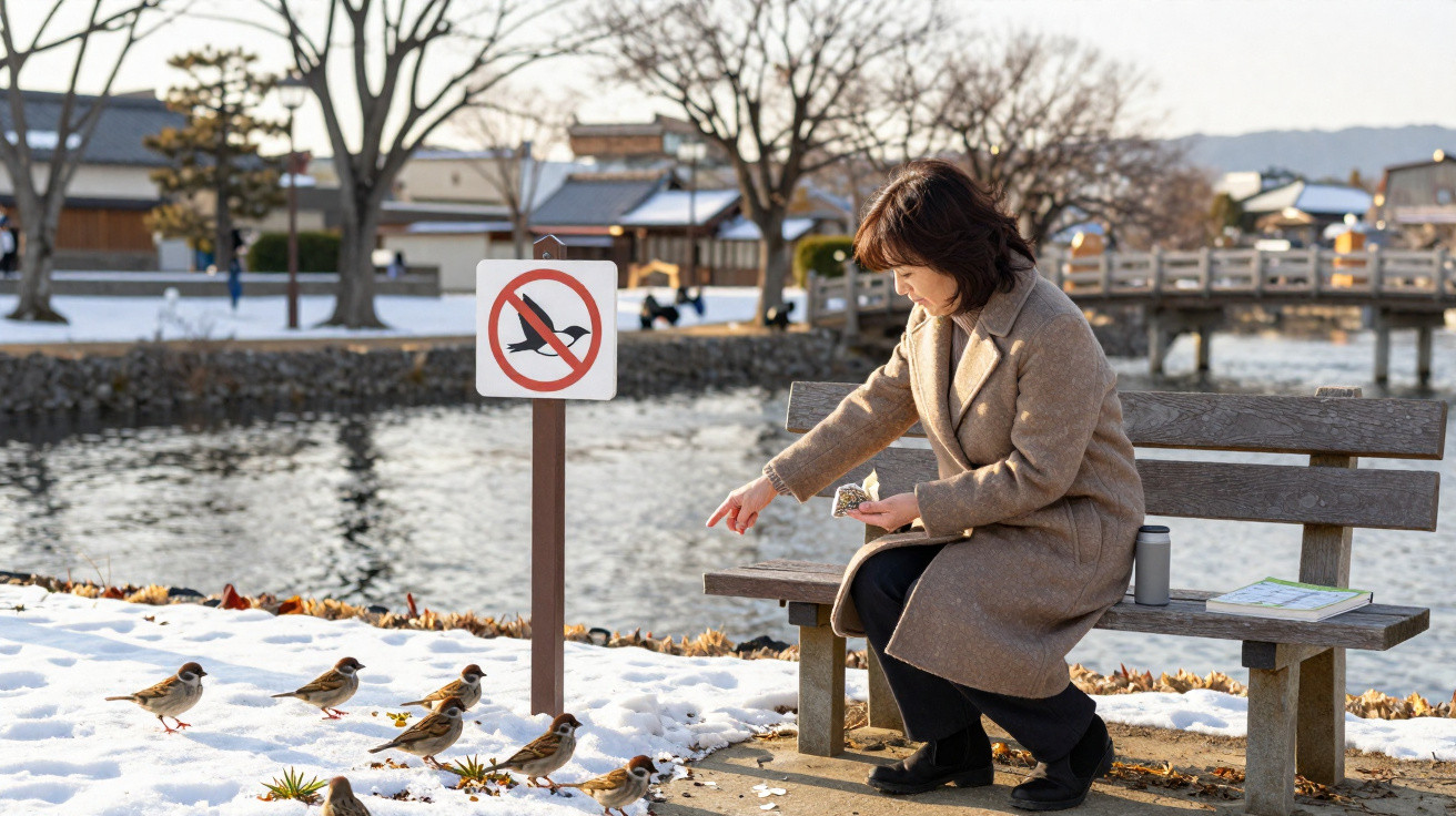 Mulher alimenta pássaros sentada num banco perto de um lago com neve e sinal de proibição para alimentar aves.