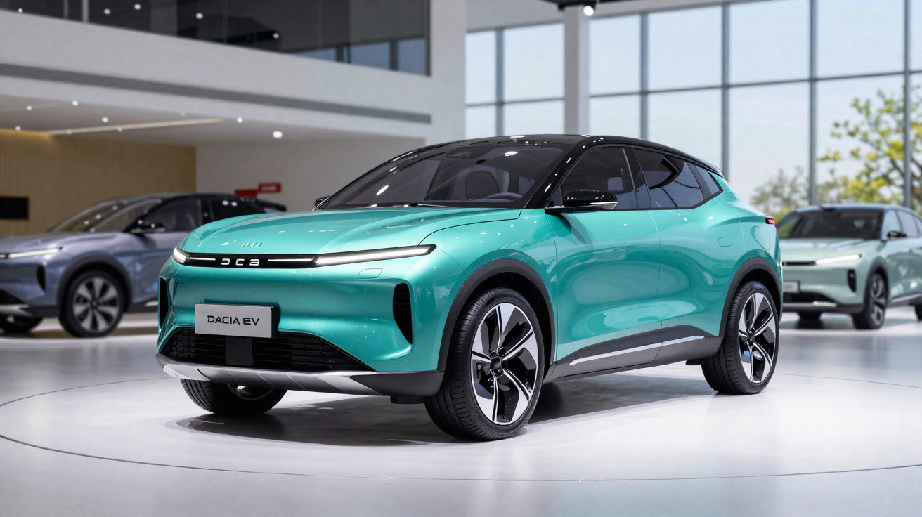 Veículo elétrico Dacia EV verde num showroom moderno e luminoso com janelas amplas.